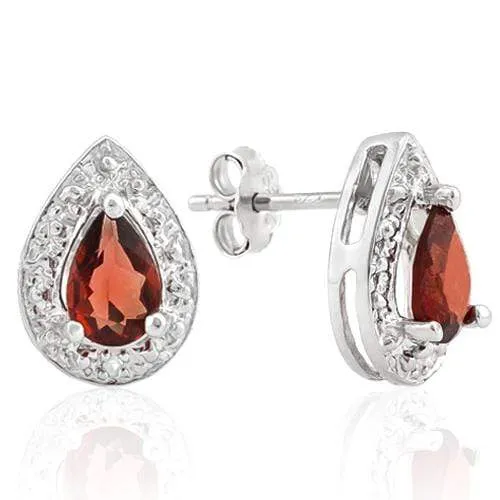 1.00 CARAT GARNET & DIAMOND 925 STERLING SILVER EARRINGS STUD