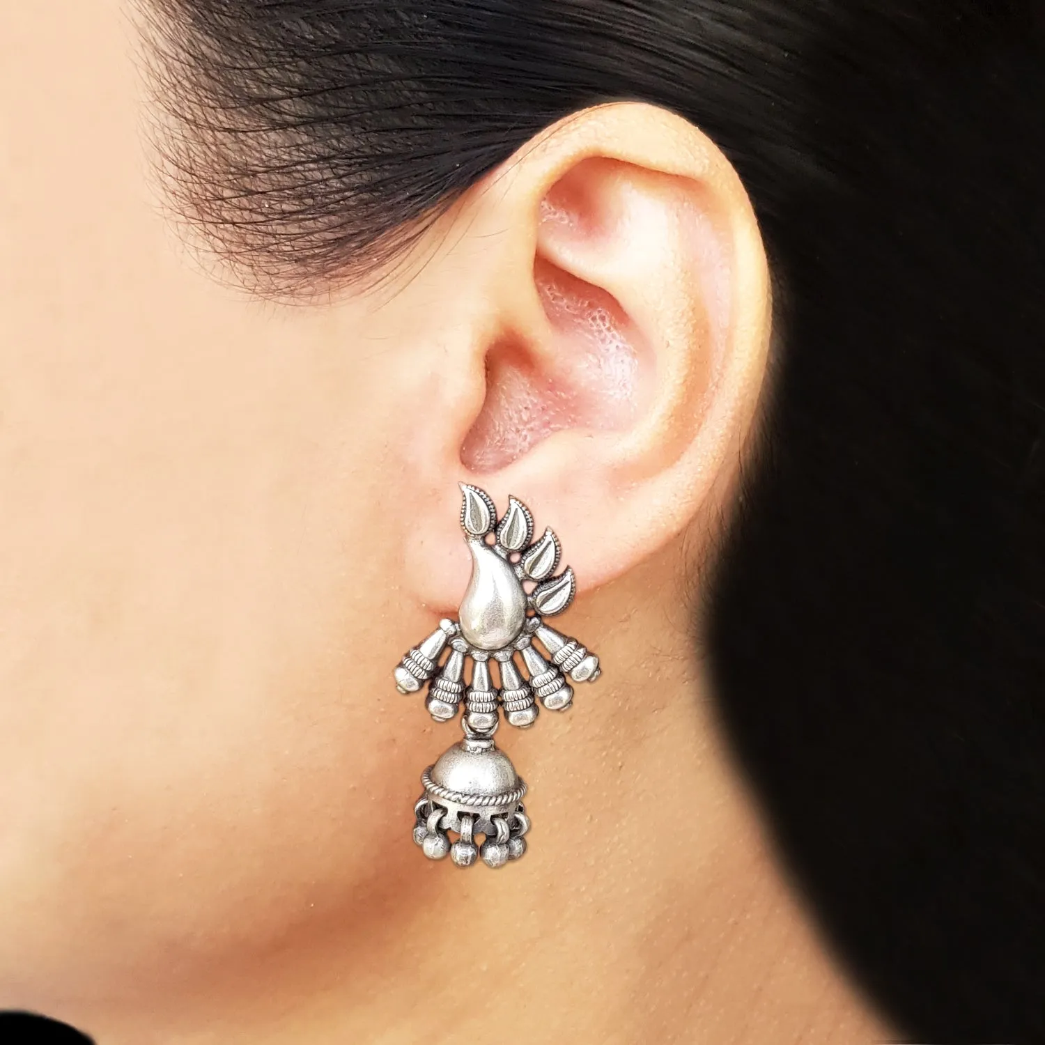 925 Silver Antique Look Earrings With Jhumki Drop