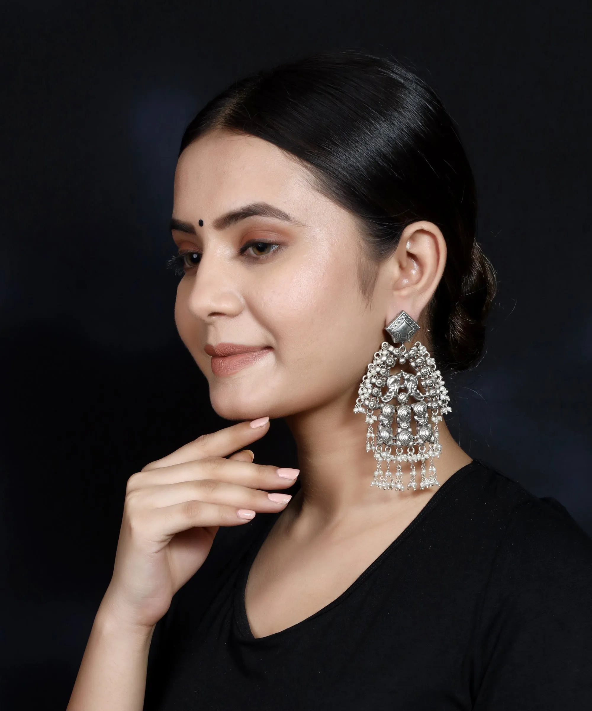 925 Silver Dual Peacock Handmade Earring With Fresh Water Pearls Hanging