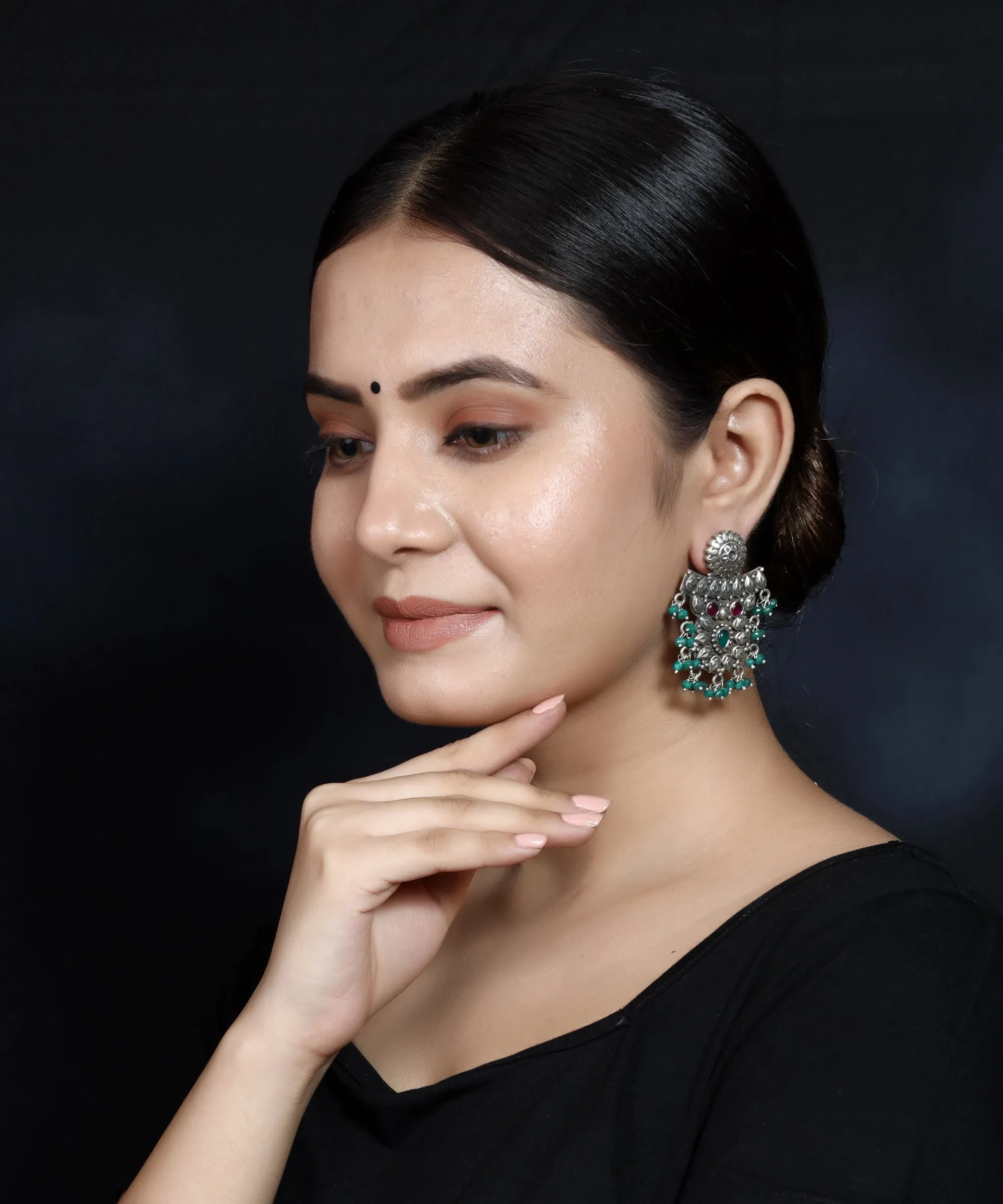 925 Silver Handmade Earring With Multicolor Stone and Green Hanging