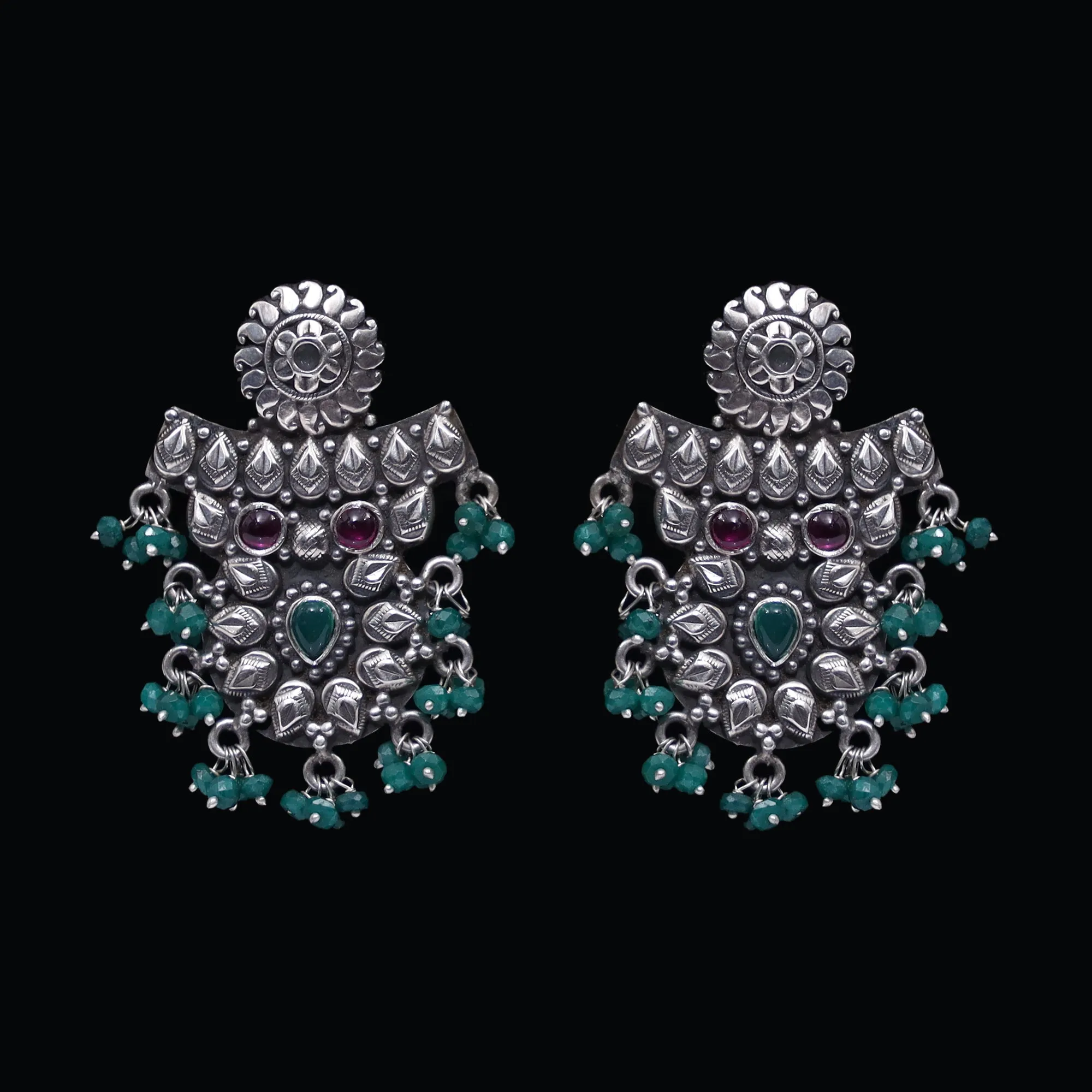 925 Silver Handmade Earring With Multicolor Stone and Green Hanging