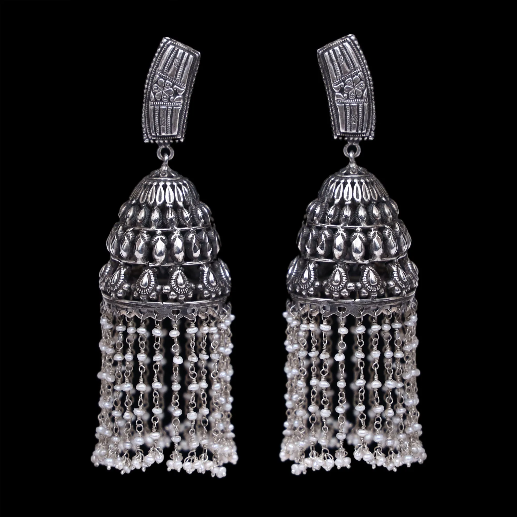 925 Silver Long Antique Look Handmade Earring with Fresh Water Pearl Hanging Jhumki