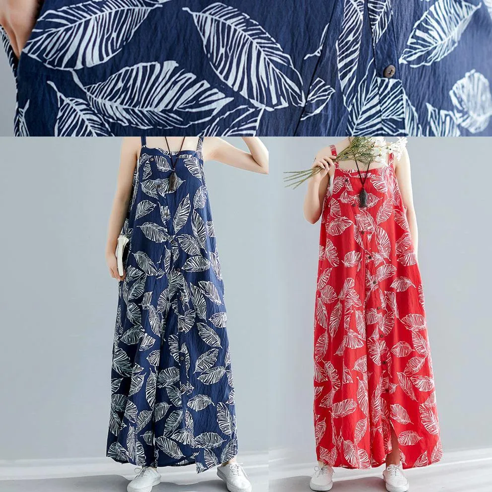 blue prints summer asymmetric button jumpsuit pants plus size cotton carpenter pants