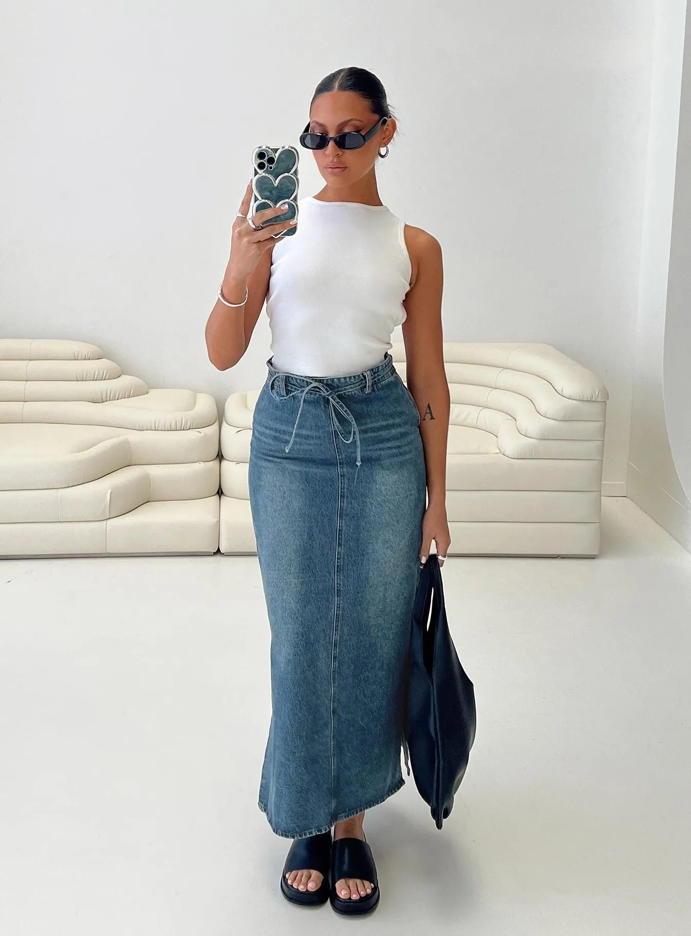 Brandee Tie Front Denim Maxi Skirt Mid Blue
