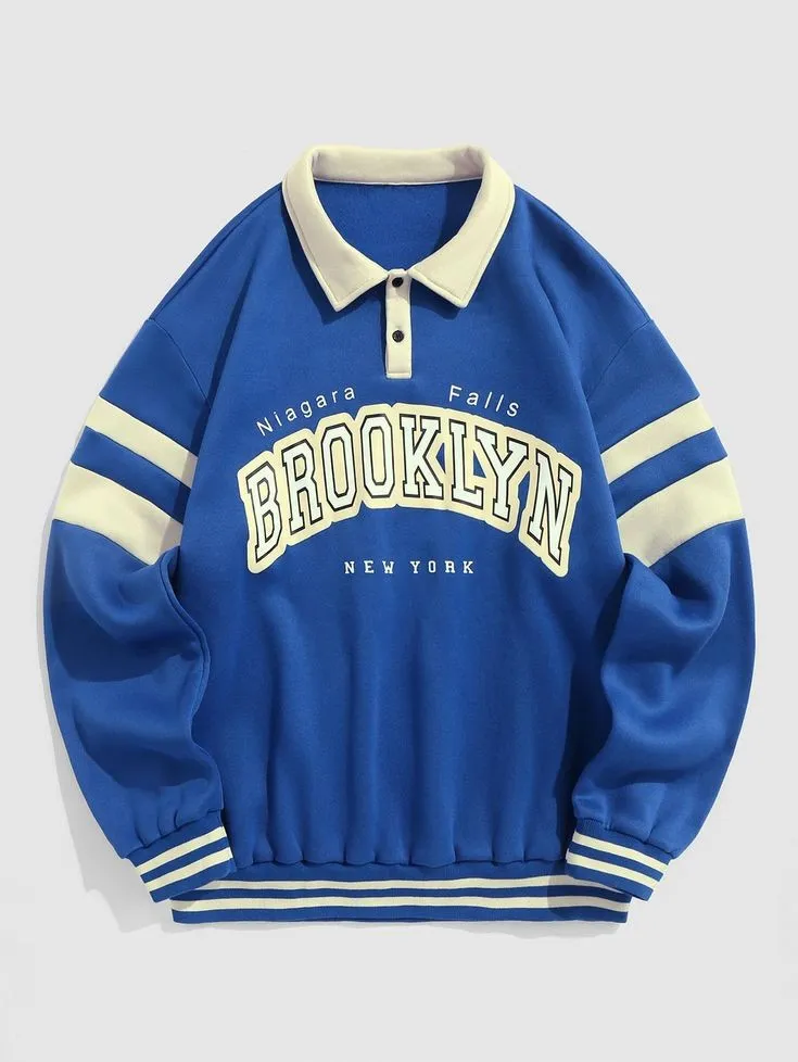 Brooklyn New York Printed Oversized Autumn Fashion Polo Collar Fleece Casual Wear Sweatshirt For Mens