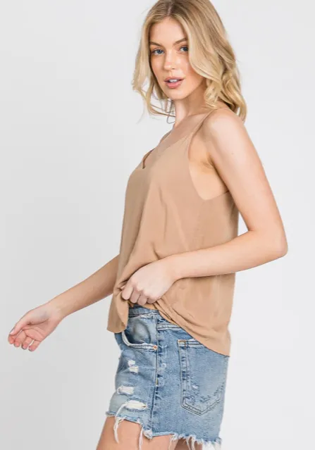 Brown Pre-Washed Challis V-Neck Double Layered Cami Top - Made in USA