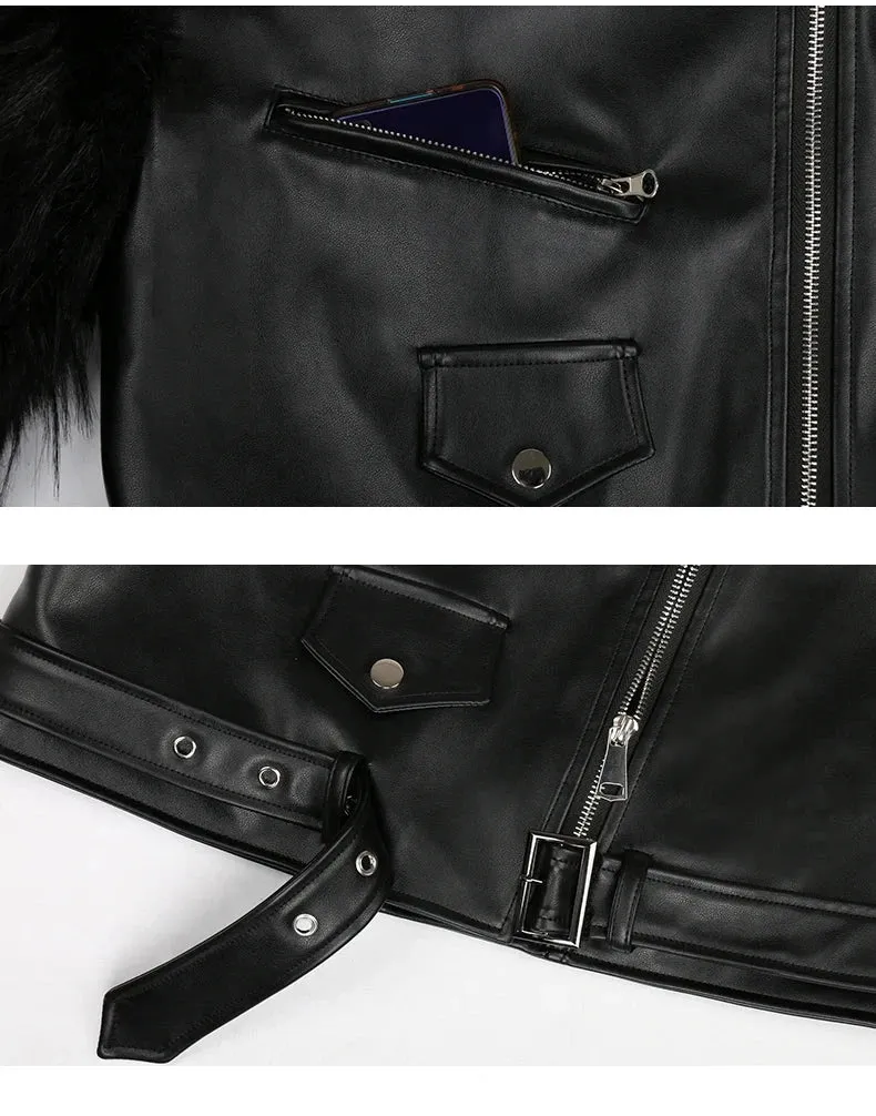Cropped Motorcycle Faux Leather & Fur Jacket