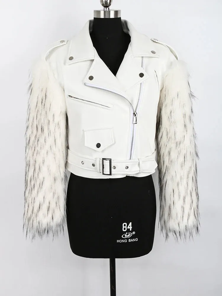 Cropped Motorcycle Faux Leather & Fur Jacket