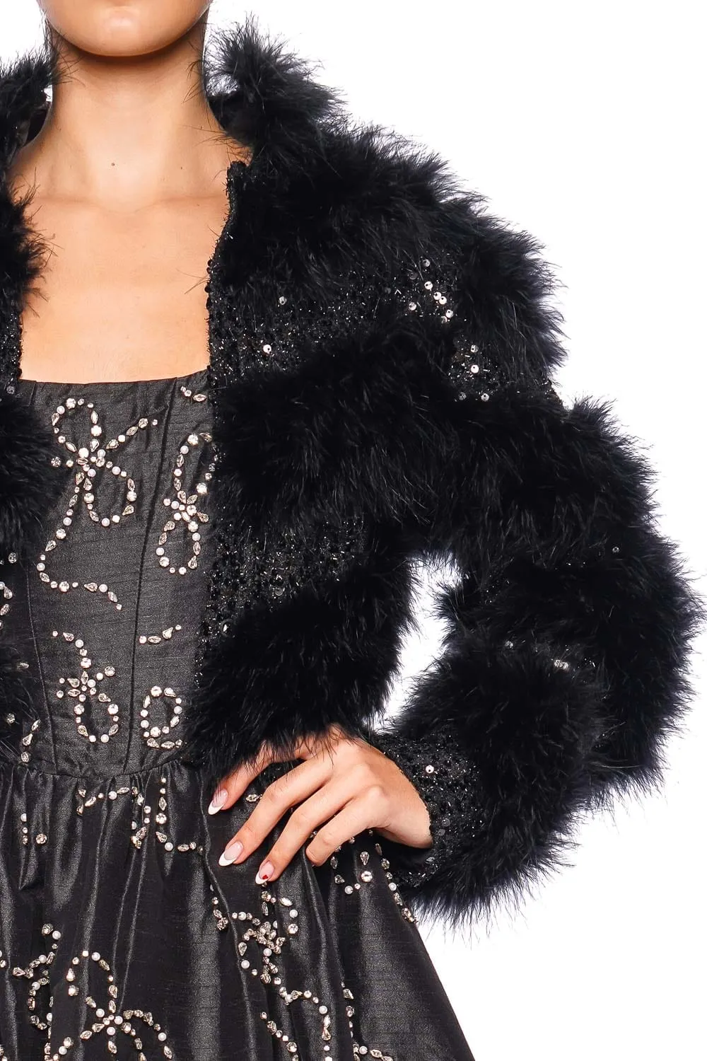 Curran Black Sequin Feathered Crop Jacket
