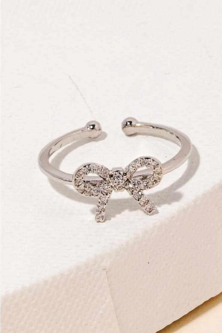 CZ Pave Ribbon Bow Open Band Ring - Silver