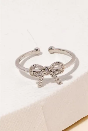 CZ Pave Ribbon Bow Open Band Ring - Silver
