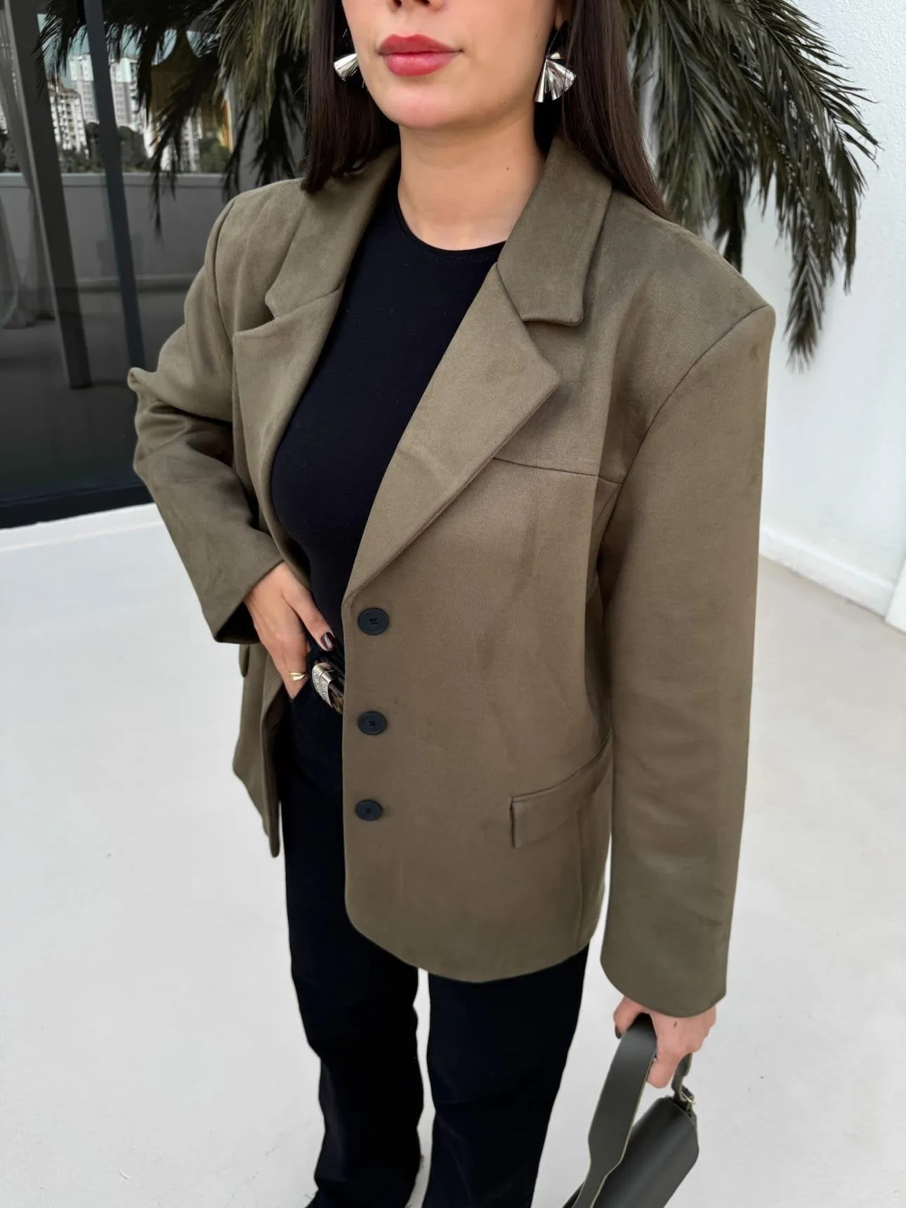 Dark Green Oversize Suede Blazer Jacket