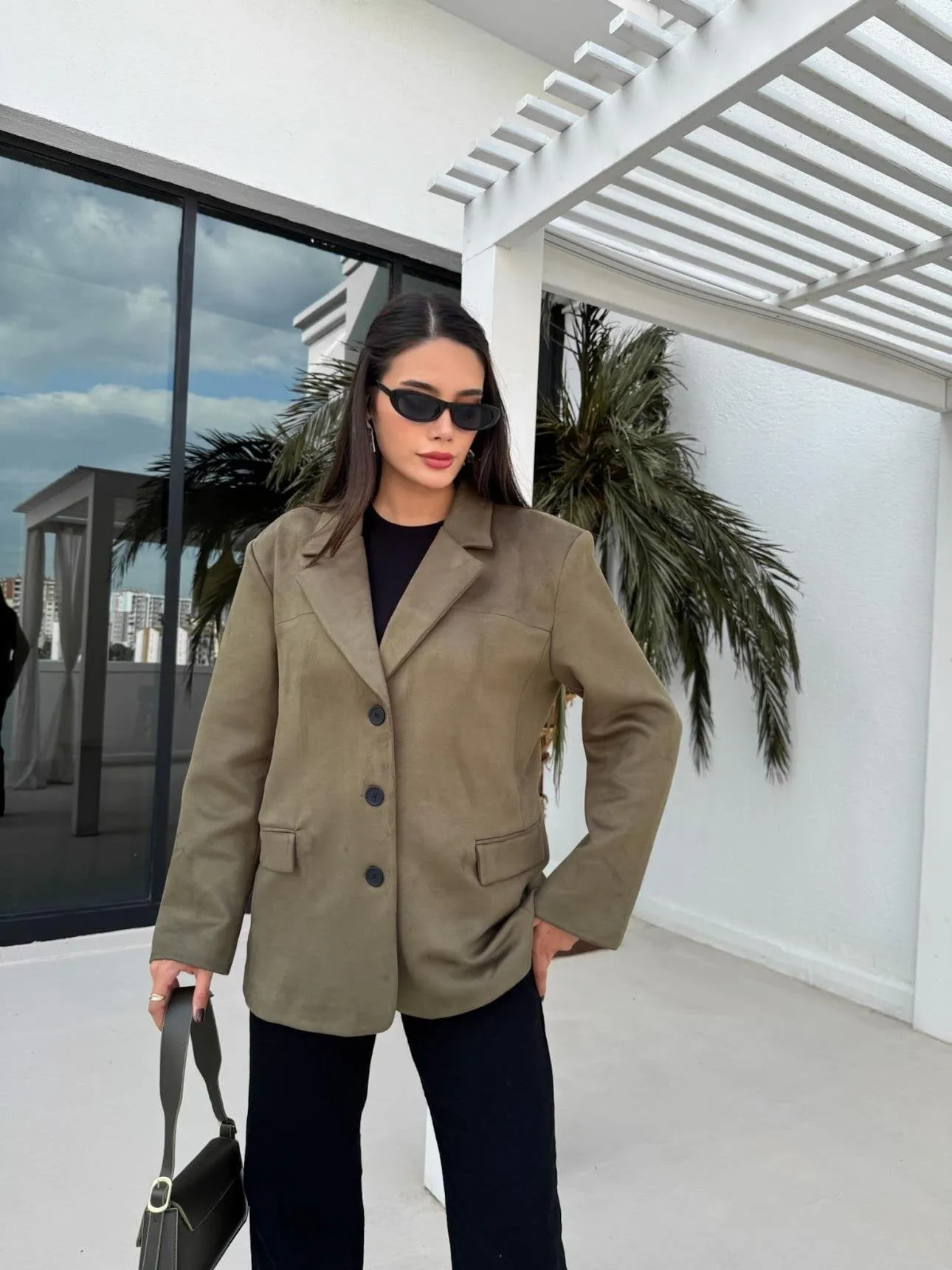 Dark Green Oversize Suede Blazer Jacket
