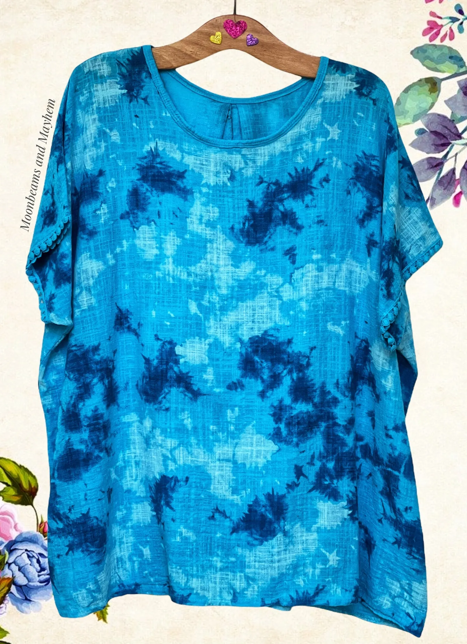 ENCHANTING TURQUOISE COTTON TIE DYE LAGENLOOK TOP