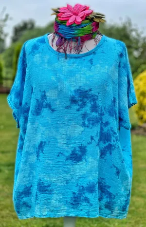 ENCHANTING TURQUOISE COTTON TIE DYE LAGENLOOK TOP