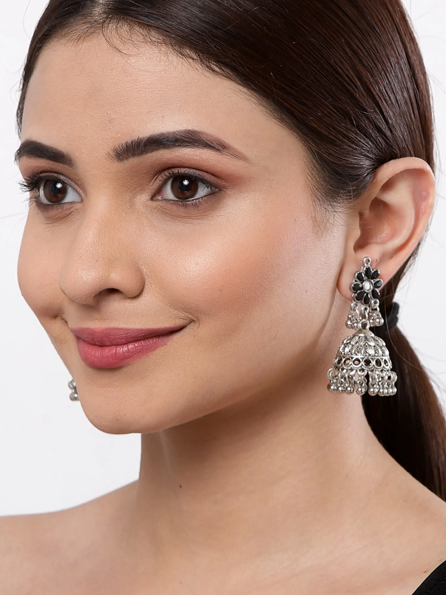 Floral Shaped Oxidised Silver Jhumki Earrings