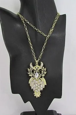 Gold Metal Chains Gold Big Owl Silver Rhinestone 26" Necklace