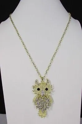Gold Metal Chains Gold Big Owl Silver Rhinestone 26" Necklace