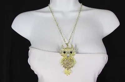 Gold Metal Chains Gold Big Owl Silver Rhinestone 26" Necklace