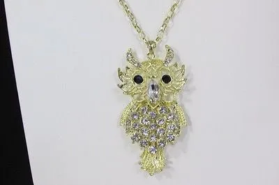 Gold Metal Chains Gold Big Owl Silver Rhinestone 26" Necklace
