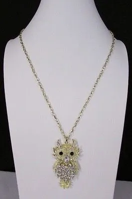 Gold Metal Chains Gold Big Owl Silver Rhinestone 26" Necklace