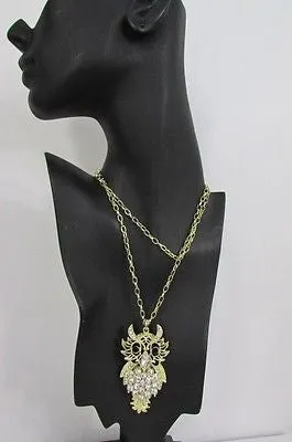 Gold Metal Chains Gold Big Owl Silver Rhinestone 26" Necklace