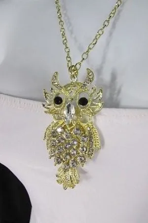 Gold Metal Chains Gold Big Owl Silver Rhinestone 26" Necklace