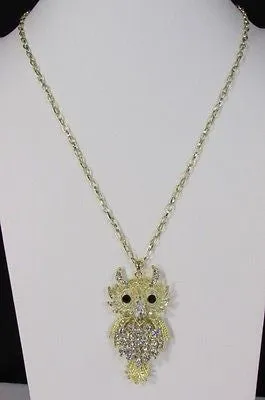 Gold Metal Chains Gold Big Owl Silver Rhinestone 26" Necklace
