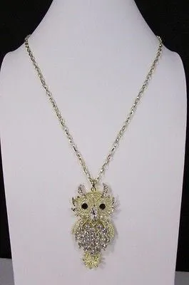 Gold Metal Chains Gold Big Owl Silver Rhinestone 26" Necklace