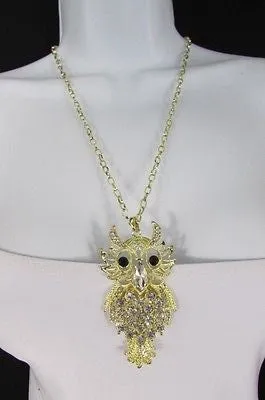 Gold Metal Chains Gold Big Owl Silver Rhinestone 26" Necklace
