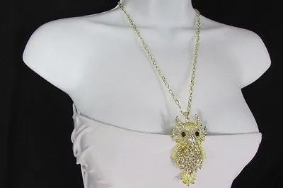 Gold Metal Chains Gold Big Owl Silver Rhinestone 26" Necklace