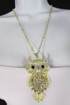 Gold Metal Chains Gold Big Owl Silver Rhinestone 26" Necklace
