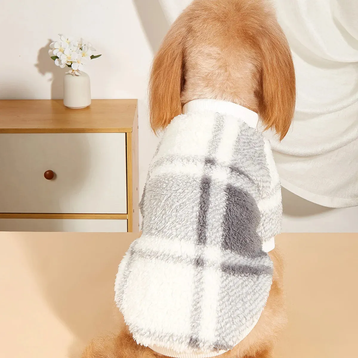 Gray Plaid Glam: Fashion Plush Hoodie for Small to Medium Dogs - Autumn/Winter Pet Clothes for Warmth and Style