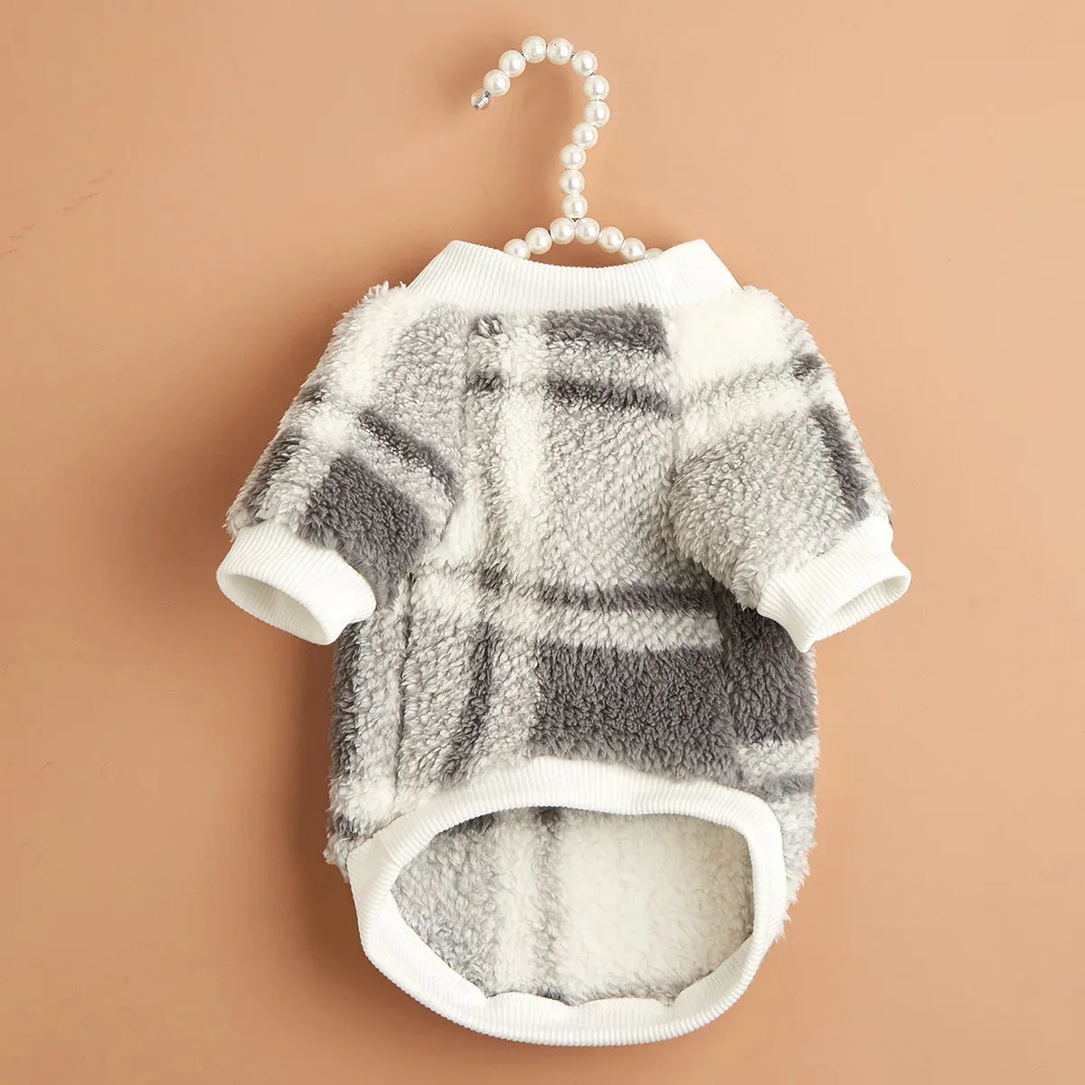Gray Plaid Glam: Fashion Plush Hoodie for Small to Medium Dogs - Autumn/Winter Pet Clothes for Warmth and Style