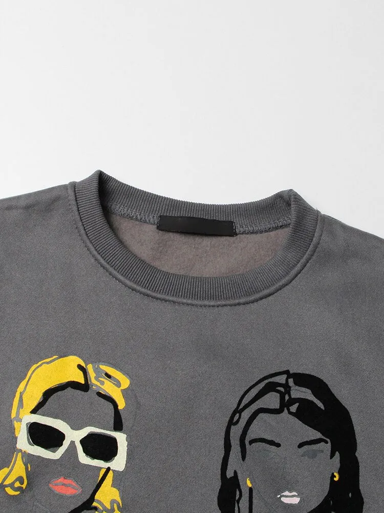 Hit Color Print Pullover Sweatshirts For Women Round Neck Long Sleeve Casual Loose Sweatshirt Female Fashion