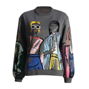 Hit Color Print Pullover Sweatshirts For Women Round Neck Long Sleeve Casual Loose Sweatshirt Female Fashion