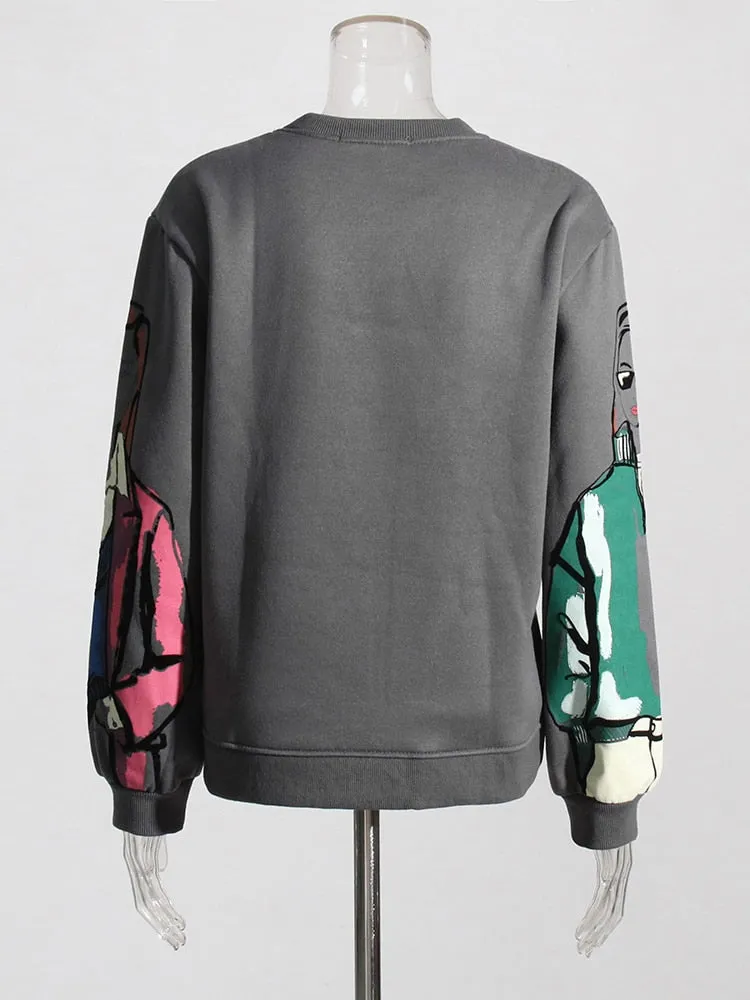 Hit Color Print Pullover Sweatshirts For Women Round Neck Long Sleeve Casual Loose Sweatshirt Female Fashion