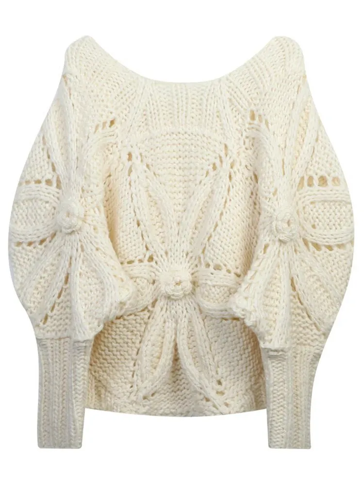 Hollow Out Knitting Sweaters For Women Round Neck Long Sleeve Loose Casual Solid Sweater Female Fashion Clothing