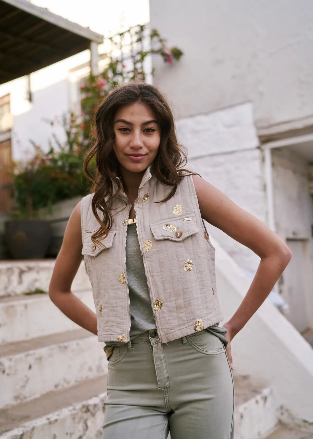 Italian Sleeveless Jacket with Gold Sequins in Beige