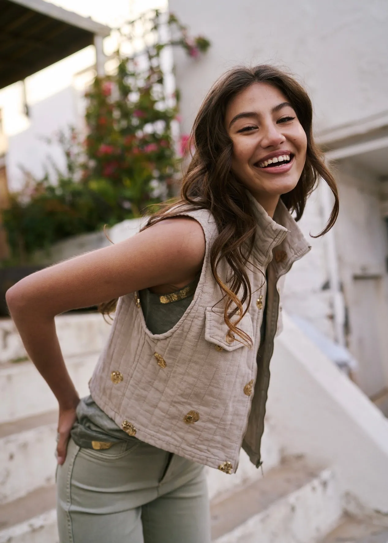 Italian Sleeveless Jacket with Gold Sequins in Beige