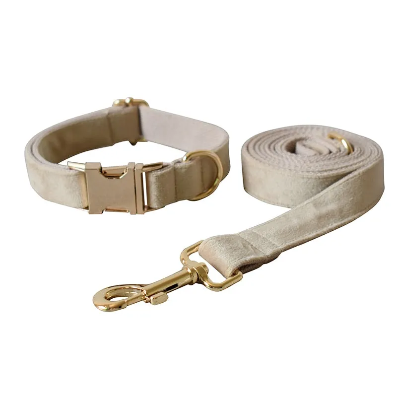 Khaki Velvet Shades: Personalized Bow Collar and Leash Set