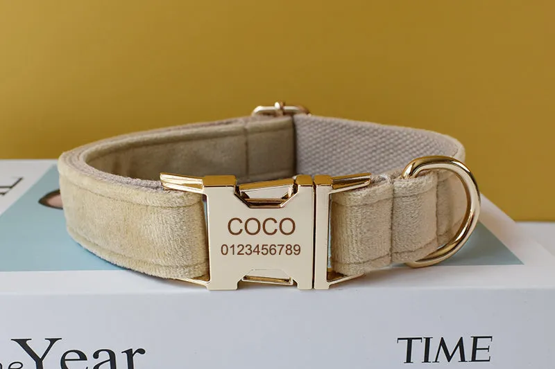 Khaki Velvet Shades: Personalized Bow Collar and Leash Set