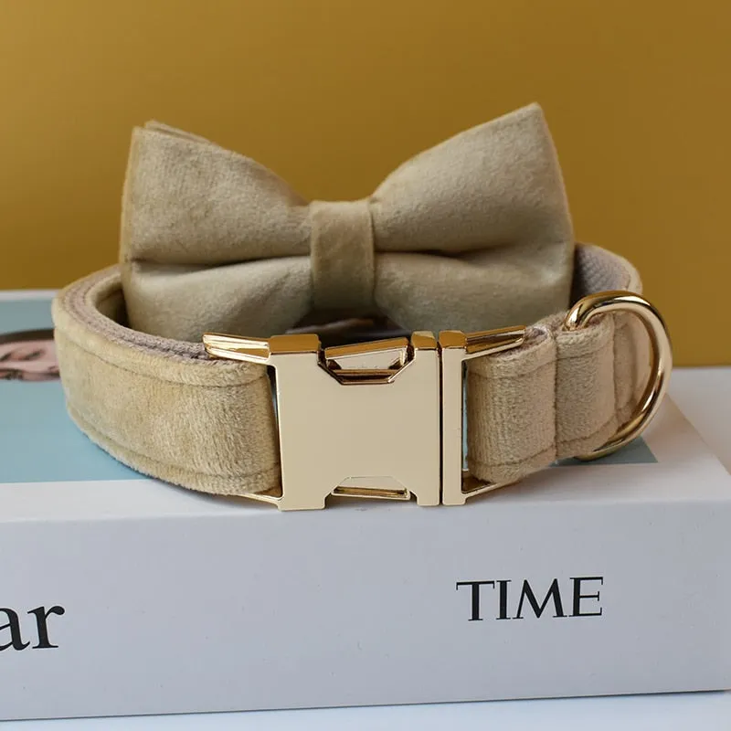Khaki Velvet Shades: Personalized Bow Collar and Leash Set