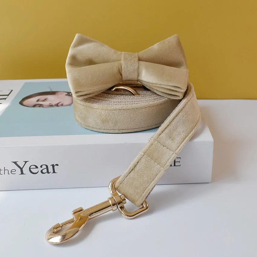 Khaki Velvet Shades: Personalized Bow Collar and Leash Set