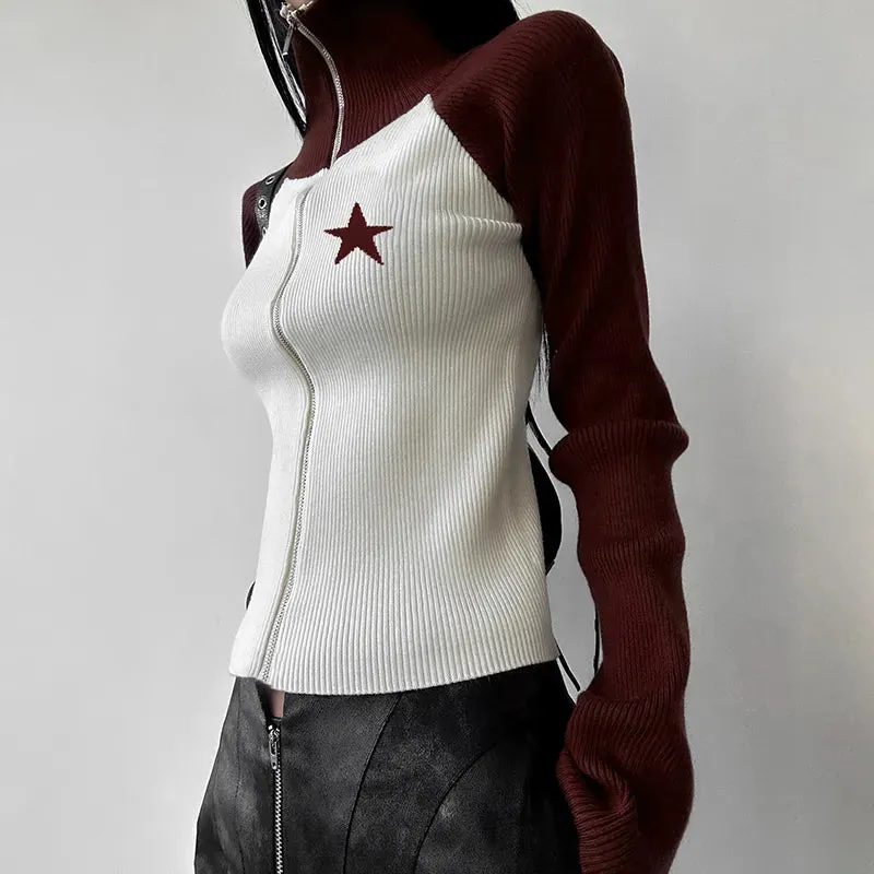 Korean Fashion Skinny Knitted Sweater for Women Autumn Winter Knitted Cardigan Zip Up Jacket Star Embroidery Contrast