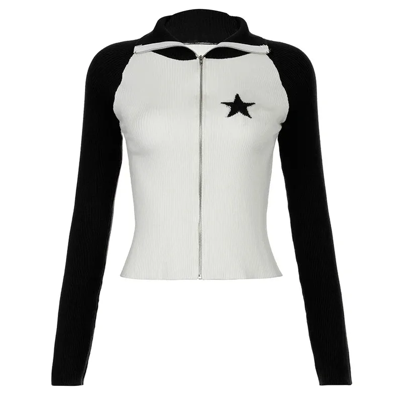 Korean Fashion Skinny Knitted Sweater for Women Autumn Winter Knitted Cardigan Zip Up Jacket Star Embroidery Contrast