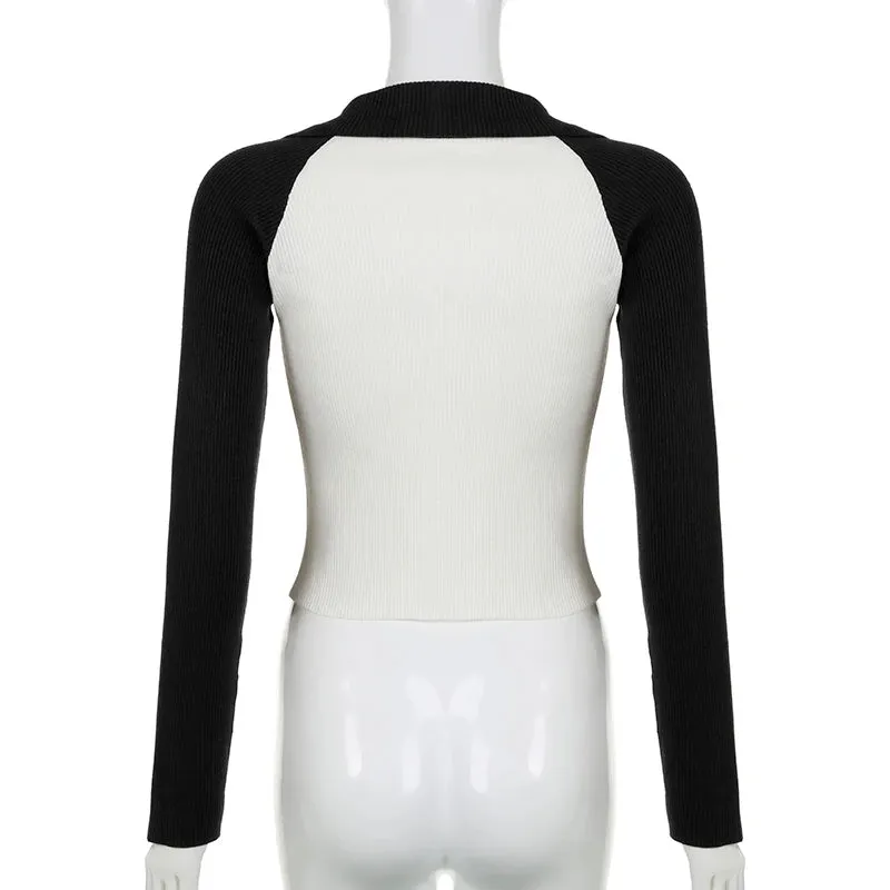 Korean Fashion Skinny Knitted Sweater for Women Autumn Winter Knitted Cardigan Zip Up Jacket Star Embroidery Contrast