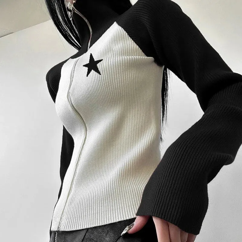Korean Fashion Skinny Knitted Sweater for Women Autumn Winter Knitted Cardigan Zip Up Jacket Star Embroidery Contrast