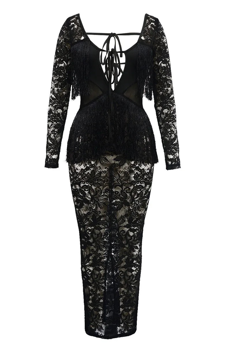 Long Sleeve Lace Tassel See Through Maxi Dress