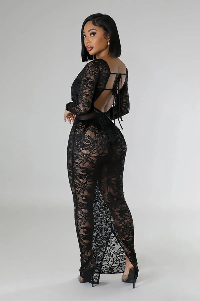 Long Sleeve Lace Tassel See Through Maxi Dress